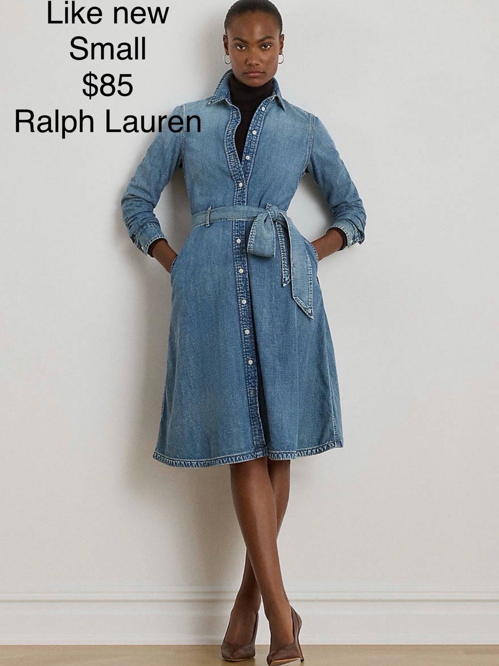 Ralph Lauren Light Blue Denim Midi Shirt Dress with Tie Belt